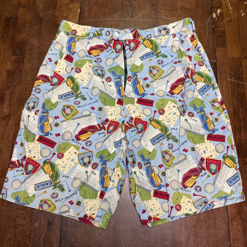 Loudmouth Golf Shorts Mens 38 Blue Novelty Print Golf Bag Scorecard Birdie Eagle